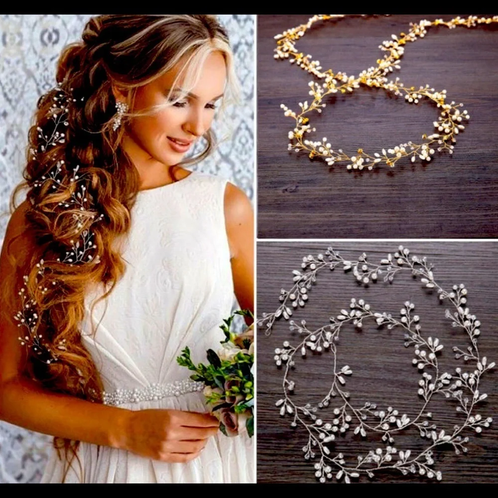 Stunning Pearl, Crystal & Gold Wire Hair Garland